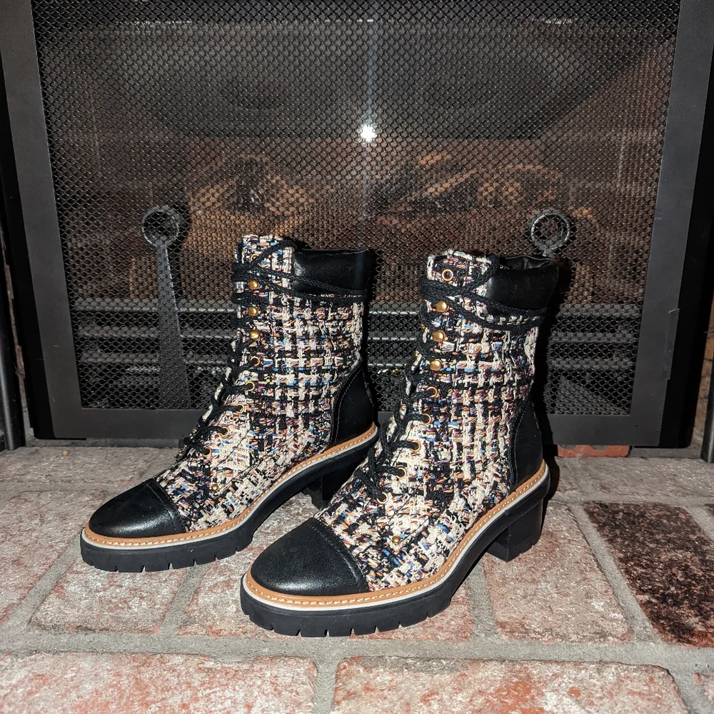 Tory Burch Miller Lug Sole Leather and Tweed size Lace Up Boot 9